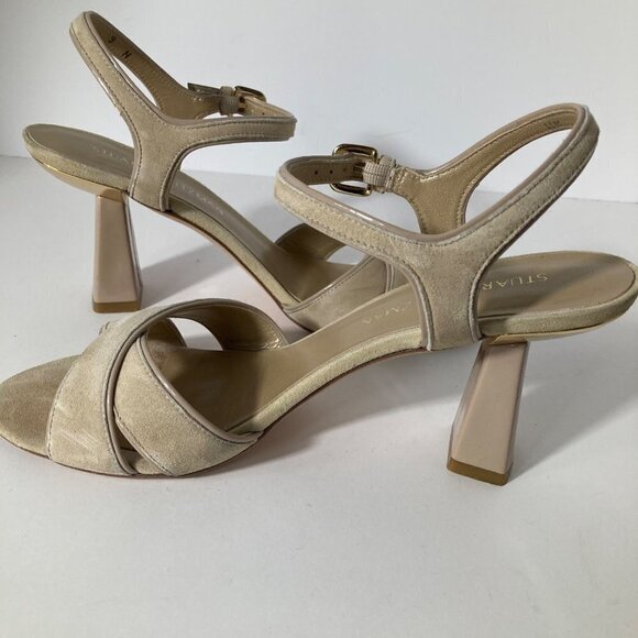 Womens Stuart Weitzman Suede Tan Gold Heeled Sandals 9N - Picture 3 of 10